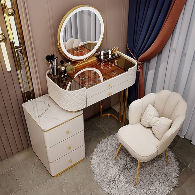 Makeup Dressing Table Set with Lighted Mirror, Dressing Table Set with  Stool and Locker,  Color Touch Screen Dimming Mirror, for Home, Bedroom,  for