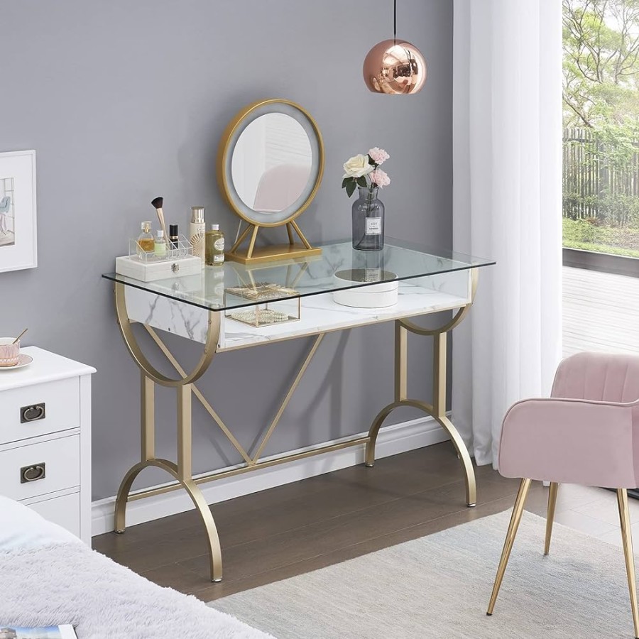 MKJLWO Modern Schminktisch Damen, Makeup Tisch klein Schminktisch Weiß Gold  mit Glas Tischplatte Schminktisch Ohne Spiegel, Frisiertisch für