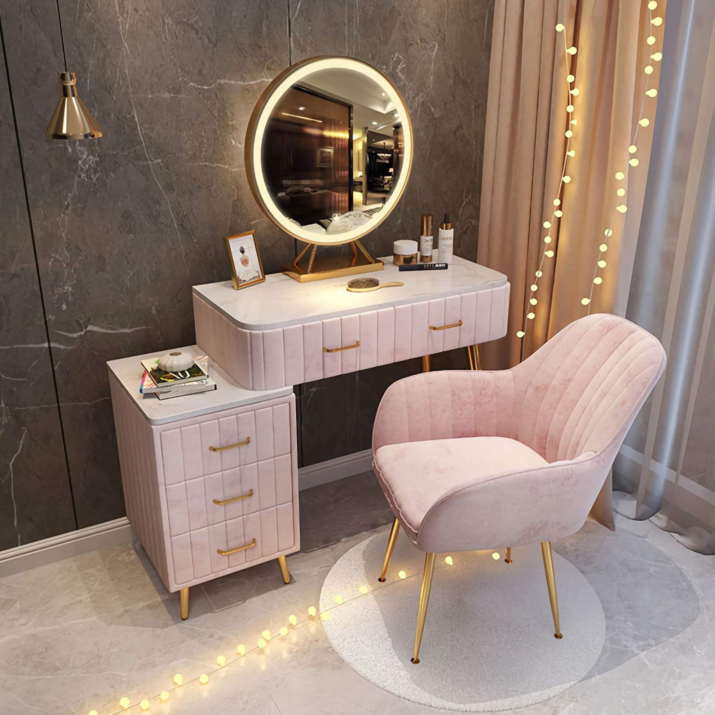 OYhmc Vanity Table Set with Adjustable Brightness Mirror and Cushioned  Stool, Dressing Table Makeup Desk with -Drawer Chest - Pink for Girls Gifts