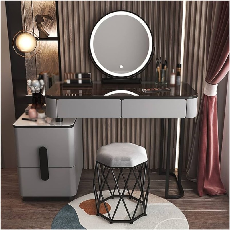 Schminktisch-Set mit Glas-Make-up, modern, schlicht, fortschrittlich, Holz,  Schlafzimmer-Aufbewahrung, intelligenter Spiegel, Make-up-Hocker-Set,