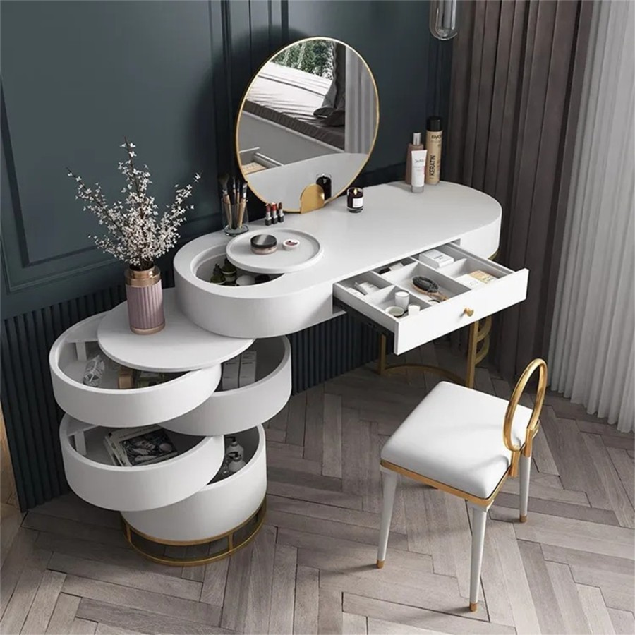 White Makeup Vanity Dressing Table with Swivel Cabinet Mirror